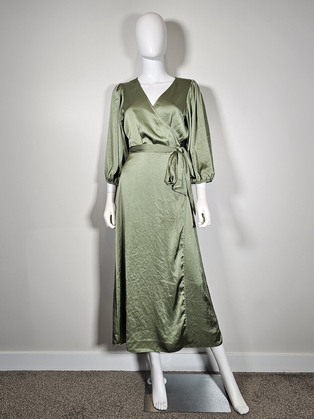 Little Moon Aritzia Olive Satin Wrap Midi Dress with Puff Sleeves Sz M